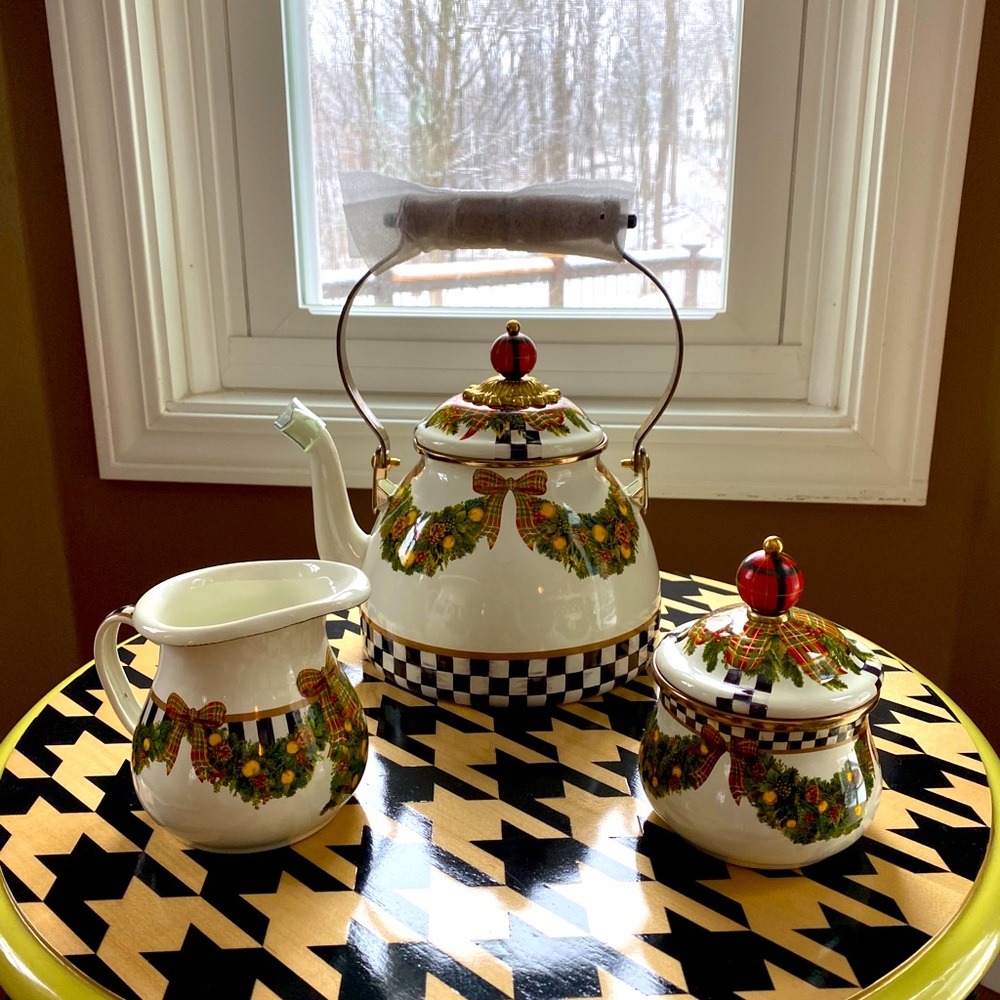 MacKenzie Child’s kettle, sugar bowl and creamer